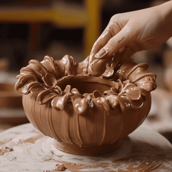 a woman making a clay bowl